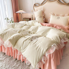 Luxury Embroidered Soft Brushed Washed Princess Bedding Set Lace Ruffles Quilt/Duvet Cover Bed Skirt Or Bed Linen Pillowcases