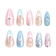 YICKYUE -  24PCS Long Almond French nails silver 3D Luxury designs Y2k nails press on False Nails Removable Fake artificial Nails Finished
