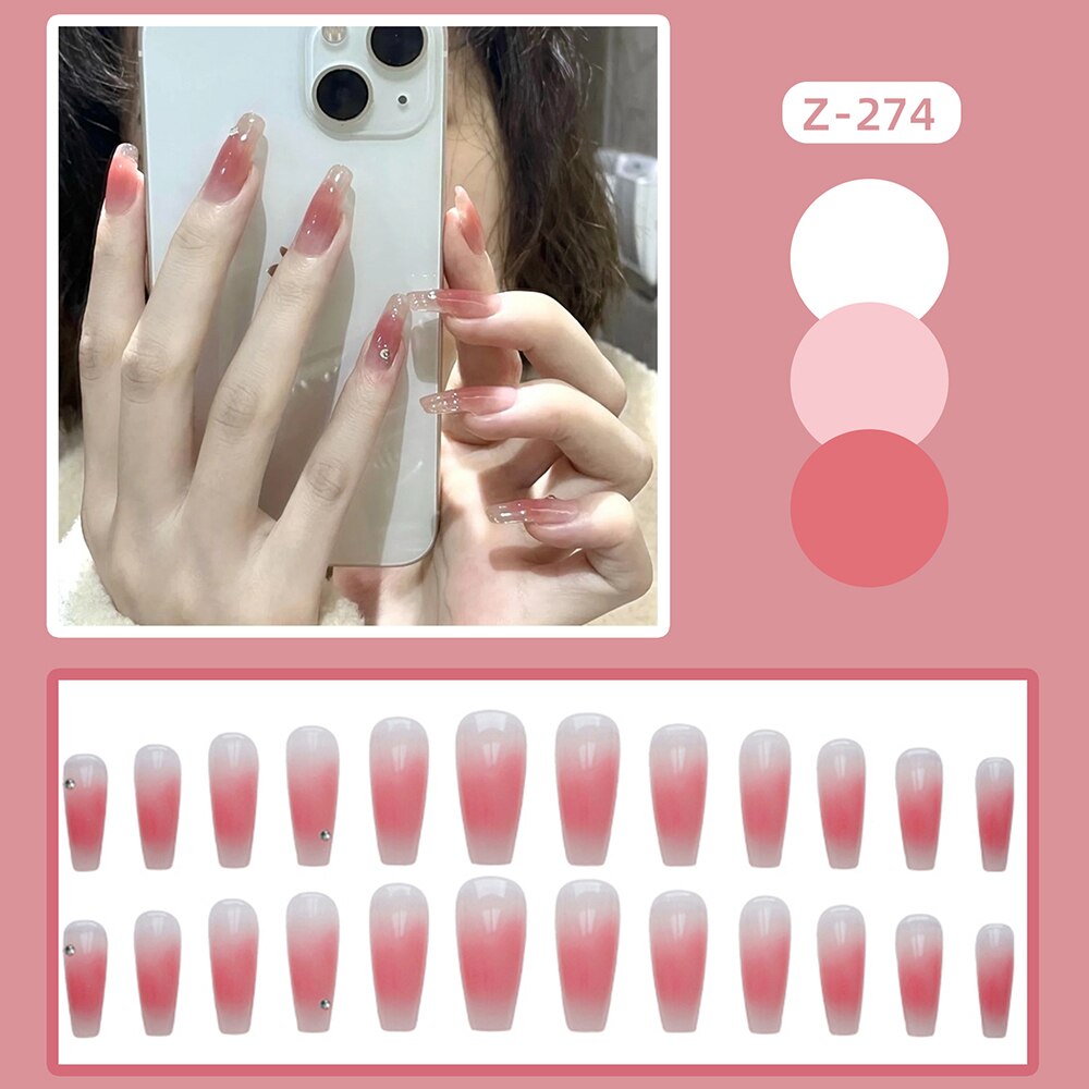 Yickyue Press On Nails With Adhesive Strips Pink Fake Nails Sweet Style Long Paragraph Manicure Save Time False Tip Nails Charms