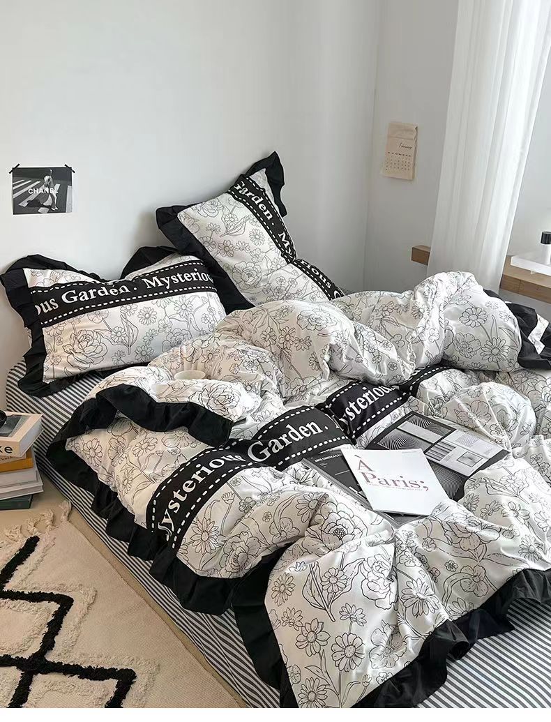 YICKYUE  -  Korean-style inset style sketch flower matted quilt cover lace four-piece set single bedroom sheet quilt cover washed cotton
