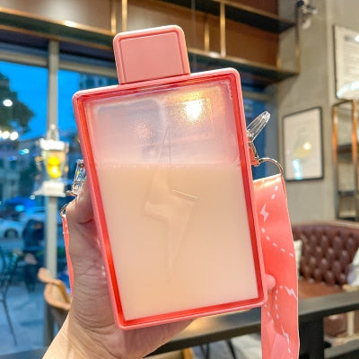 New Square Plastic Water Bottle With Straw Summer Flat Sport BPA Free Brief Portable Travel Bicycle Juice Milk Drinking Bottles