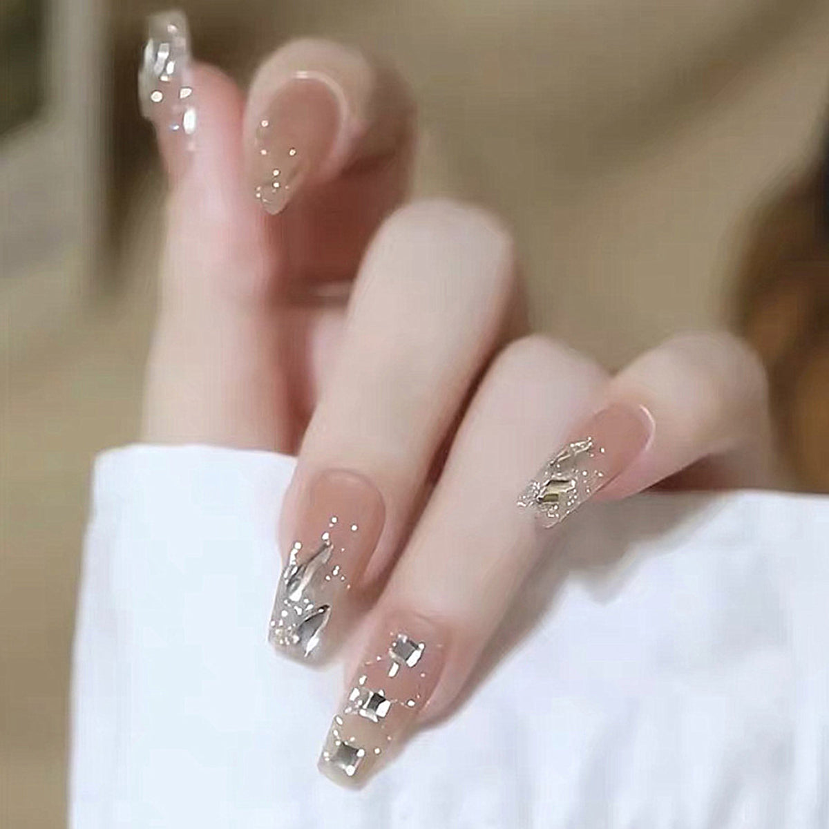 YICKYUE  -  24pcs Long Ballet Coffin Wearable Dark Black Star French False Nails Full Cover Rhinestones Fake Nails Set Press On Nail Tips