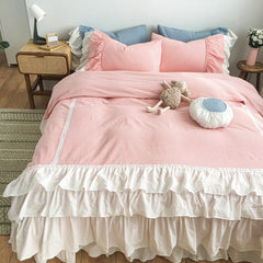 100% Yarn-Dyed Washed Cotton Princess Girl Bedding Set White Ruffle Splice Cake skirt design Duvet Cover Bed Skirt Pillowcases