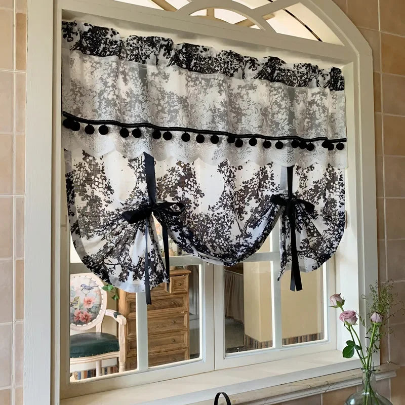 YICKYUE  -  French American Romance Ballon Curtains Black White Color Printed Pompon Decor Kitchen Yarn Sheer Tulle Home Cafe Room Divider
