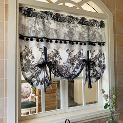 YICKYUE  -  French American Romance Ballon Curtains Black White Color Printed Pompon Decor Kitchen Yarn Sheer Tulle Home Cafe Room Divider