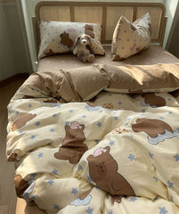 YICKYUE  -  Cute cartoon bear star bedding set teen,twin full queen king brown coffee cotton home textile bed sheet pillow case quilt cover