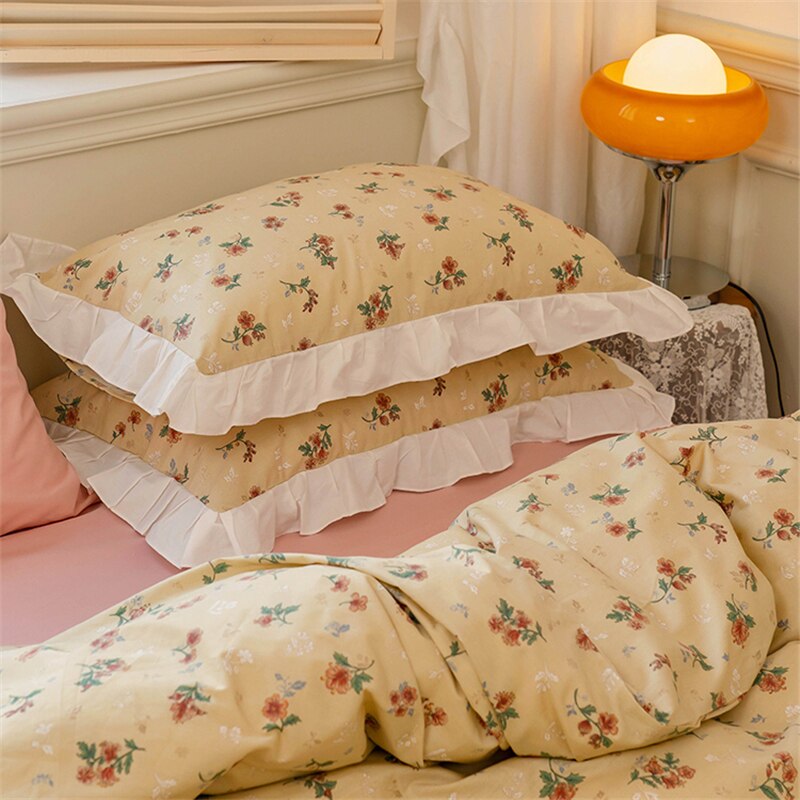 Yickyue  Korean Princess Style Lotus Leaf Lace Pillowcase 100% Cotton Plant Floral Cushion Cover Bed Head Pillow Cover Home Deco