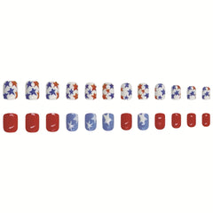 YICKYUE  -  24pcs Short Fake Nail with Blue Red Colpr Five-pointed Star False Nails Summer Full Cover Wearable Press on Nails for Girls