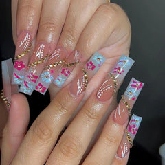 YICKYUE  -  24pcs Extra Long Square Nail Blue Flower Embellished Gold Diamond Coffin False Nails, French Blue Nails,Removable Press On Nail