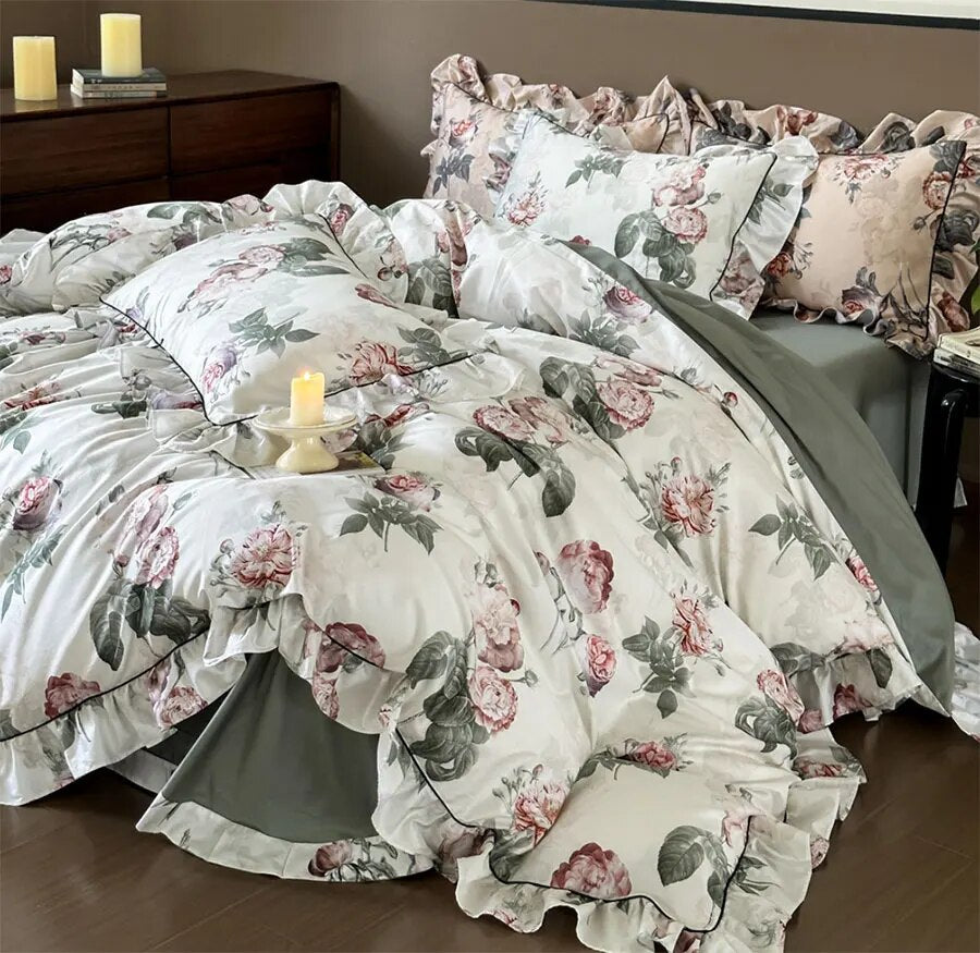 Yickyue -  Romantic fairyfair ruffle flower rose bedding set,full queen king rustic cotton home textile bed sheet pillow case quilt cover