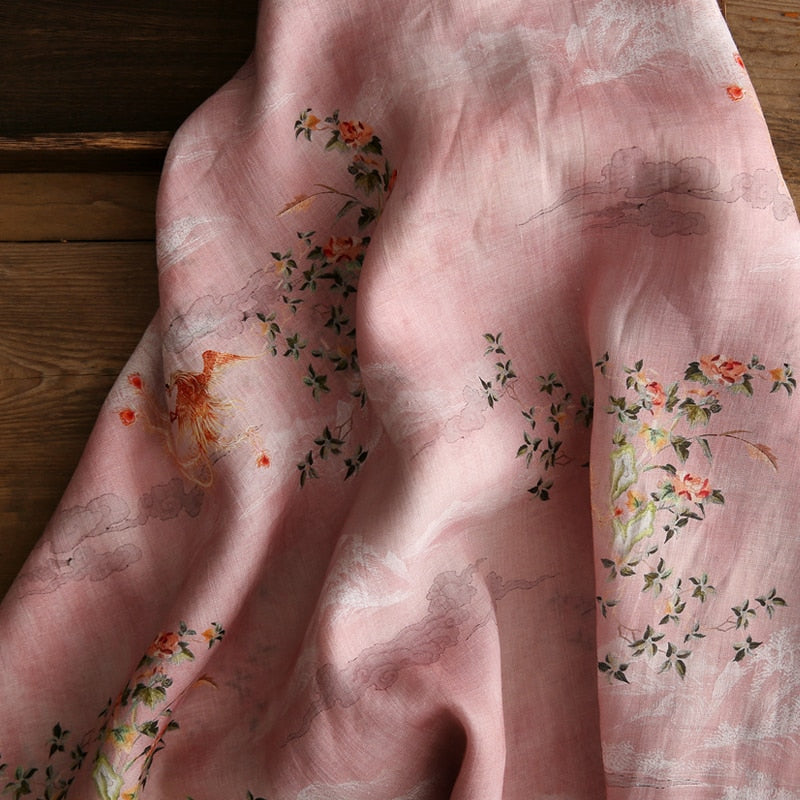 Retro Fresh Printed Ramie Fabric Robe Ancient Chinese Clothing Dress Clothing Fabric DIY Handmade