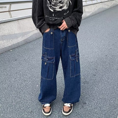 YICKYUE  -  Blue Baggy Cargo Jeans Men Fashion Oversized Pocket Jeans Mens Japanese Streetwear Hip-hop Loose Straight Denim Trousers Men
