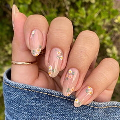 Yickyue  Striped Plaid Pink Flower Nail Art Simple Fashion Spring False Nails Detachable Finished Fake Nails Press on Nails with Glue