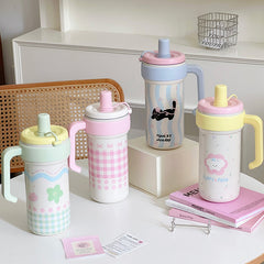 YICKYUE  -  Kawaii Insulated Water Bottle With Straw Handle Infuser Cute Stainless Steel Leak Proof Tumbler Coffee Tea Juice Women Thermos