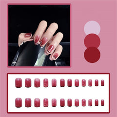 24pcs Wine Red Yellow Round Short French False Nails Decoration New Fashion Plastic Fake Nail Tips Manicure Tools Cute Nail Art