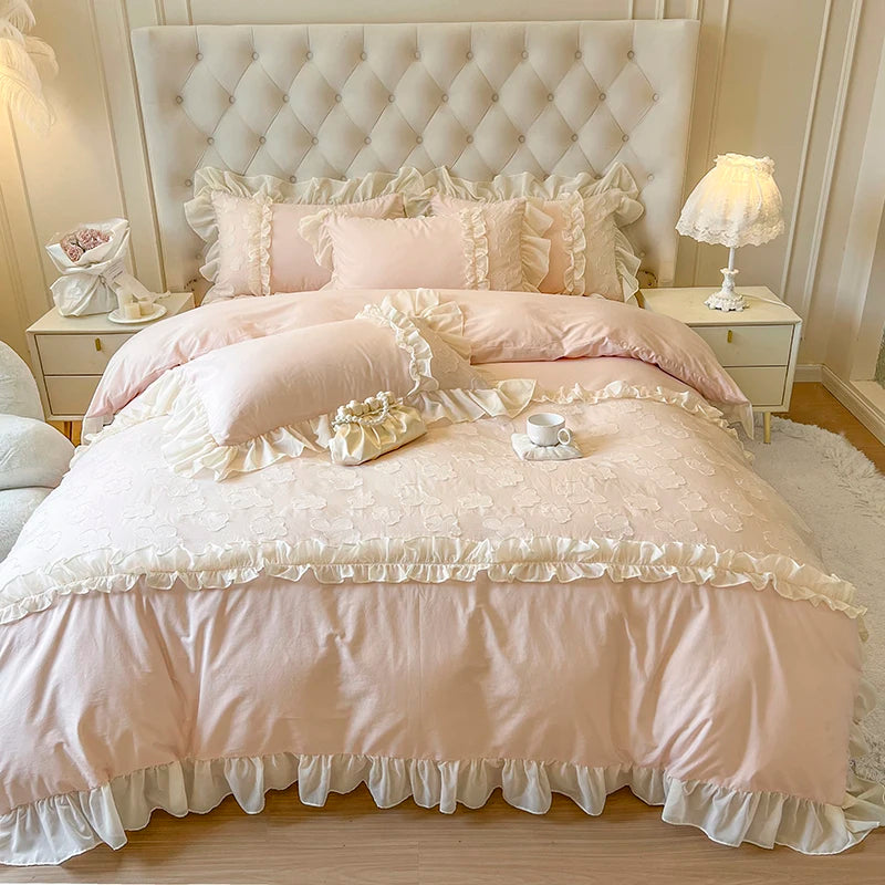 YICKYUE  -  100% Cotton Chiffon Lace Ruffles Bedding Set Korean Style Pink Princess Embroidery Duvet Cover Fitted Bed Sheet Pillowcases