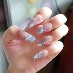YICKYUE  -  10 pcs Luxury Handmade Press on Nails Middle Trapezoid Dark Blue Gradient Ocean With Rhinestones Design Art Nail Tips