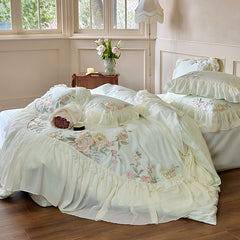 YICKYUE  -  Princess Chiffon Lace Bedding Sets Luxury Green Egyptian Cotton Flowers Embroidery Duvet Cover Bed Sheet Pillowcases 2024 New