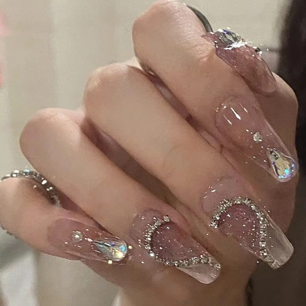 Yickyue 24Pcs Pink Ballet False Nails Long Coffin with Rhinestone Love Heart Wearable Fake Nails Full Cover Press on Nails Tips Glitter