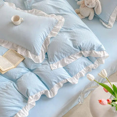 Yickyue Korean Princess Style Duvet Cover Set No Filling Pink Blue Soft Washed Cotton Girls Favorite Ruffles Bed Linen Pillowcases