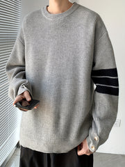 Men'S Casual Crew Neck Knit Sweater, Polyester Blend, Loose Fit Pullover, with Stripe Detail and Button Sleeves, for Fall & Winter