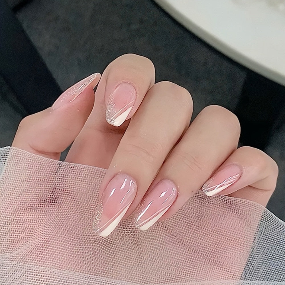 24Pcs Long Ballerina Shape Artificial Fake Nails With Design Translucent Pink French False Nails DIY Finger Manicure Tool