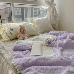 Yickyue Purple Plush Throw Blankets for Sofas Beds Thick Fluffy Bedspread Blanket with Pompom Girls Bed Cover Winter Warm Home Blanket