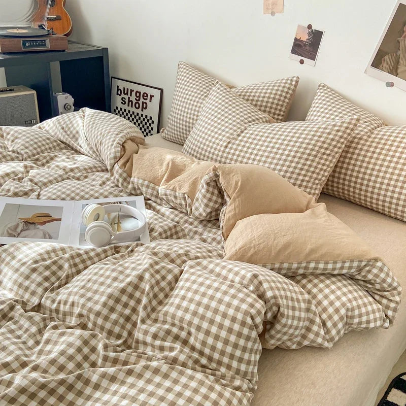 YICKYUE  -  Plaid Print Duvet Cover Sets 3 Piece, Japanese Bedding Set for Adult Teenagers Grey Geometric Grid Comforter Covers Home Decor