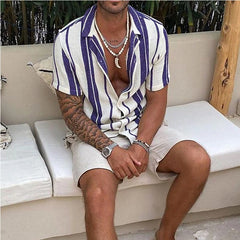 Hearujoy New Men's Slub Cotton Shirt Stripe Short Sleeve Collar Cardigan Summer Fashion Loose Oversize Shirts Top Streetwear Male