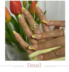 Yickyue  Yellow Little Flowers Pearl Cute Almond Shape False Nails Simple French Detachable Finished Fake Nails Press on Nails with Glue