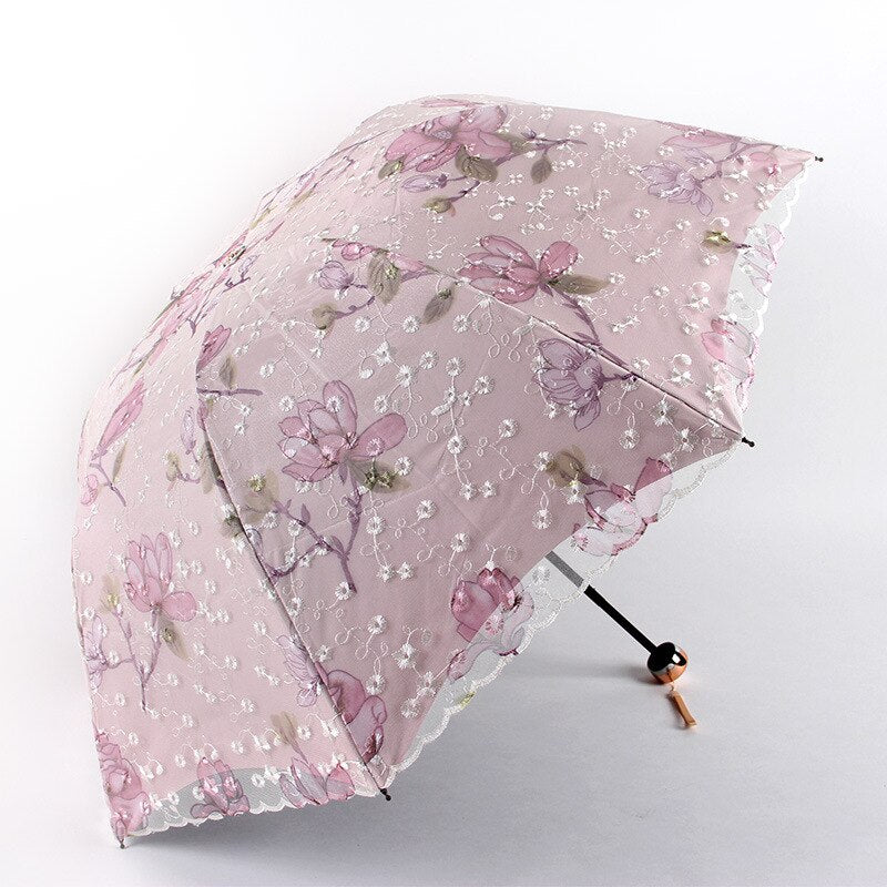 Double-layer Embroidered Lace Umbrella Elegant Lady Sunshade Black Rubber Three Folding Princess Sweet Lace For Wedding Gifts