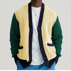 Hearujoy Autumn Winter Youth Mens Patchwork Knitwear Long Sleeve Collarless Coarse Wool Sweater Fashion Button Cardigan Coat Men Clothing