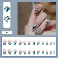 Gradient Blue False Nails French Long Press On Nails with Shiny Diamond Decor Fake Nails for Lady Bride Manicure Salon DIY Art