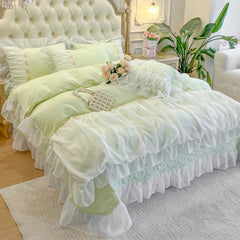 YICKYUE  -  Ruffles Lace Bedding Set for Girls, Duvet Cover Set, Soft Polyester Fabric, Queen Size, Bedroom Decor, Room Decor, 4Pcs