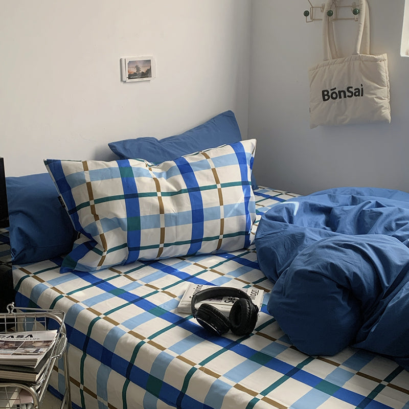 YICKYUE  -  INS Simple Style Check White And Blue Stripe Duvet Cover Set Bed Sheet Set Washed Cotton Bedding Set