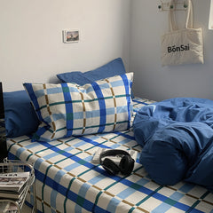 YICKYUE  -  INS Simple Style Check White And Blue Stripe Duvet Cover Set Bed Sheet Set Washed Cotton Bedding Set