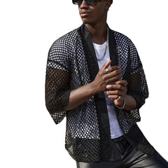 Hearujoy Mesh See-through Fishnet Mens Shirt Cardigan Fashion Sexy Shawl Nightclub Wear Tops 3/4 Sleeve Camisas Streetwear For Men