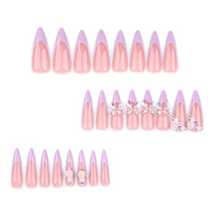 Yickyue  Purple French Aurora Bowknot Flowers Rhinestone Long Pointed False Nails Detachable Finished Fake Nails Press on Nails with Glue