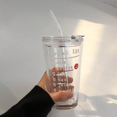 Korean Ins Style Straw Cup Large Capacity Simple Letter Glass Cup Coffee Breakfast Water Cup With Cover Straw Cute