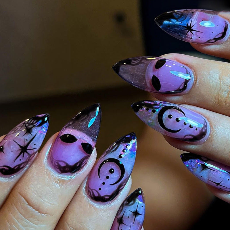 YICKYUE  -  Goth Style False Nails Moon Star Printed Glossy Almond Fake Nail Patch Korean Cool Artificial Nails Tips Wearable Free Shipping