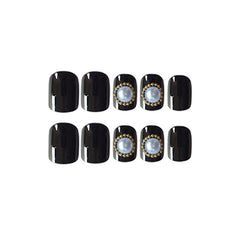 24pcs Black Round Head False Nails Artificial Plastic Press On Fake Nails Pearl Decoration Design Nail Extension Sexy Manicure