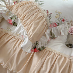 YICKYUE  -  Korean Princess Style Pleat Ruffles 100% Cotton Bedding Set Elegant Vintage Rose Floral Duvet Cover Set Bed Skirt Pillowcases
