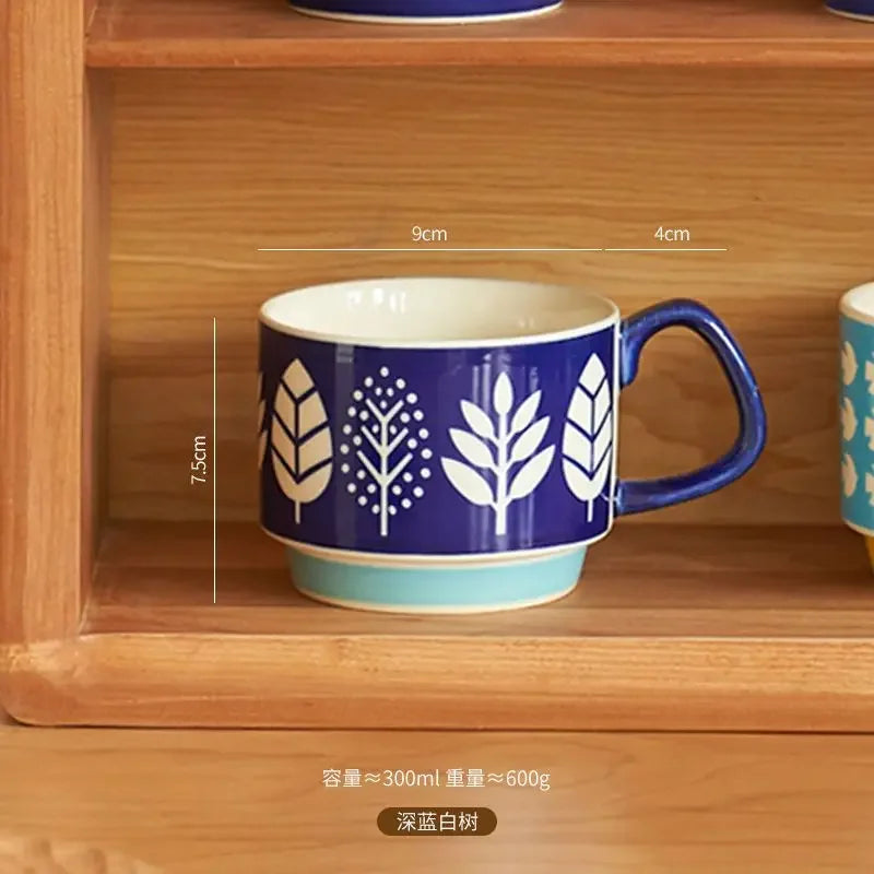 YICKYUE -  laysda 300ml Japanese Flower Coffee Mug Set Retro Ceramic Milk Oats Mug Office Water Handgrip Cup Kitchen Party Drinkware Set