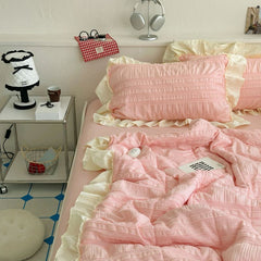YICKYUE  -  1/3Pc Pink Korean Style Princess Lace Ruffle Soft Brushed Seersucker Summer Quilt Single Double Quilted Summer Comforter Blanket