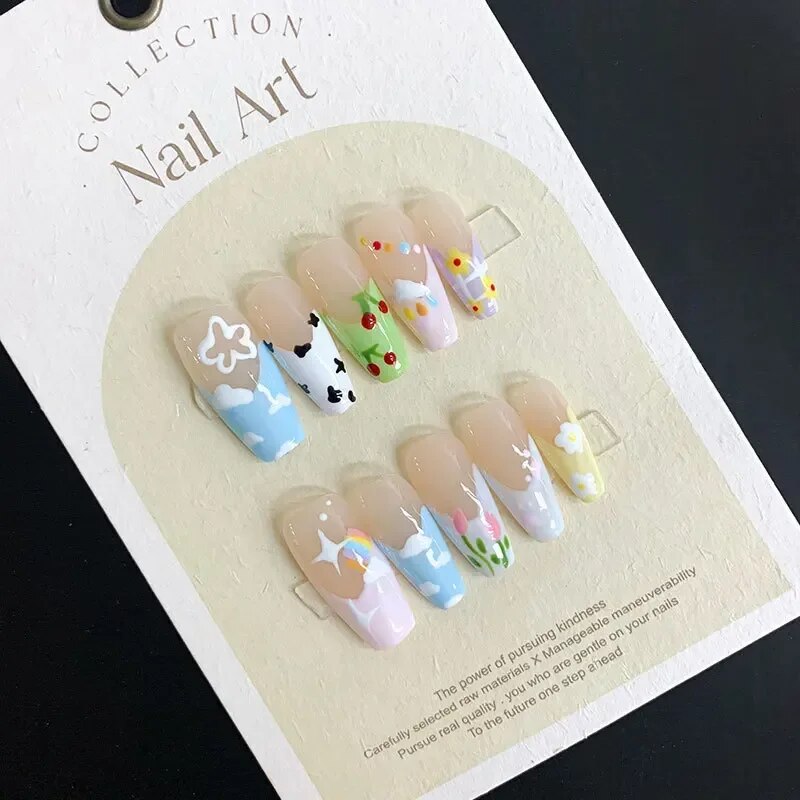 YICKYUE -  Green Cat's Eye Tulip Wearable Nail Pieces Light Therapy Handmade False Nails Wearing Finished Nails Artistic Patch Decoration