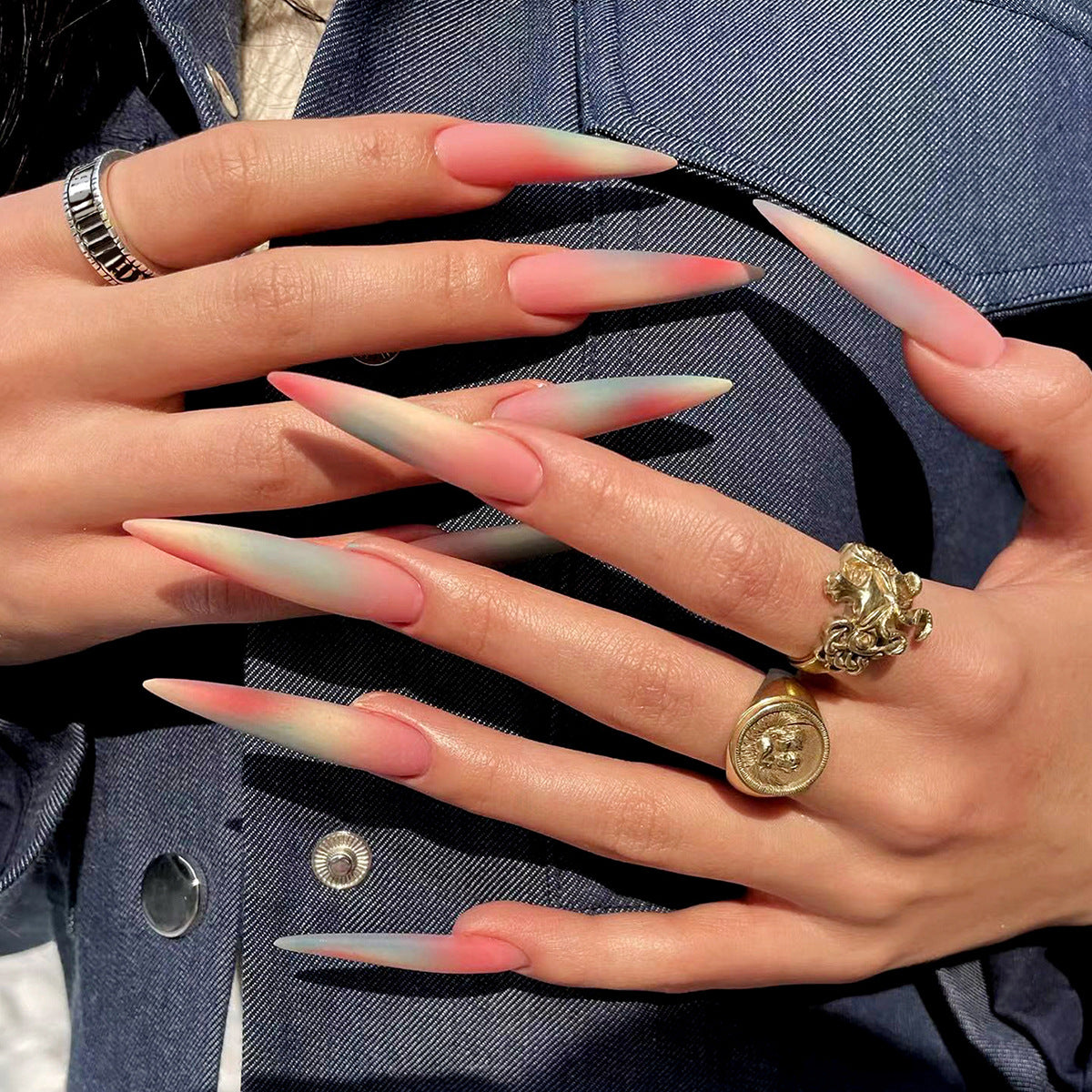 YICKYUE  -  24pcs Baroque Blue Fake Nails Long Coffin Ballet False Nails for Women Lady Wearable Manicure Set European Press on Nails
