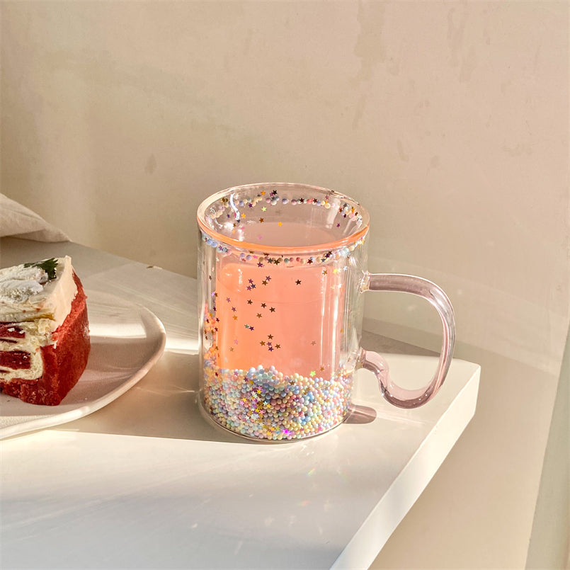 YICKYUE  -  Japanese-Korean Style Girl's Heart Bubble Star Empty Cup Handle Ins Sequins Double-layer Glass Simple Household Coffee Milk Cup