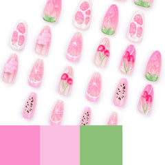 YICKYUE  -  24pcs Sweet Pink Fruit Style False Nails 3D Cherry Strawberry Design Ins Korean Cute Fake Nail Tips Girl Wearable Press on Nails