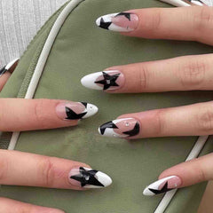YICKYUE  -  Short Almond Y2k Nails Press On Nail With Black Pentacle Star Designs 24pcs White French False Nails Rhinestone Fake Nail Tips