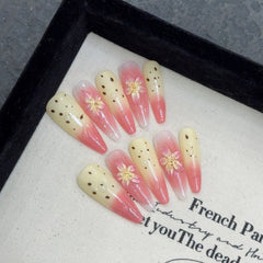 YICKYUE  -  10Pcs Almond Long Stiletto Handmade Press on Nails Pink Flower Fake Nails Wearable Nails False Nail Wearable Manicure Nail Tips